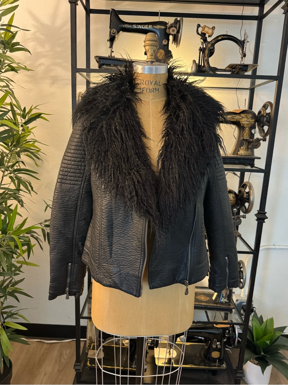 Nicole Black Faux-Fur Trim Vegan Leather Jacket